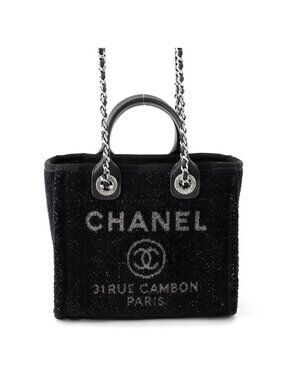 Chanel Tote Bag Deauville Line Mini Logo Glitter Tweed Leather Black